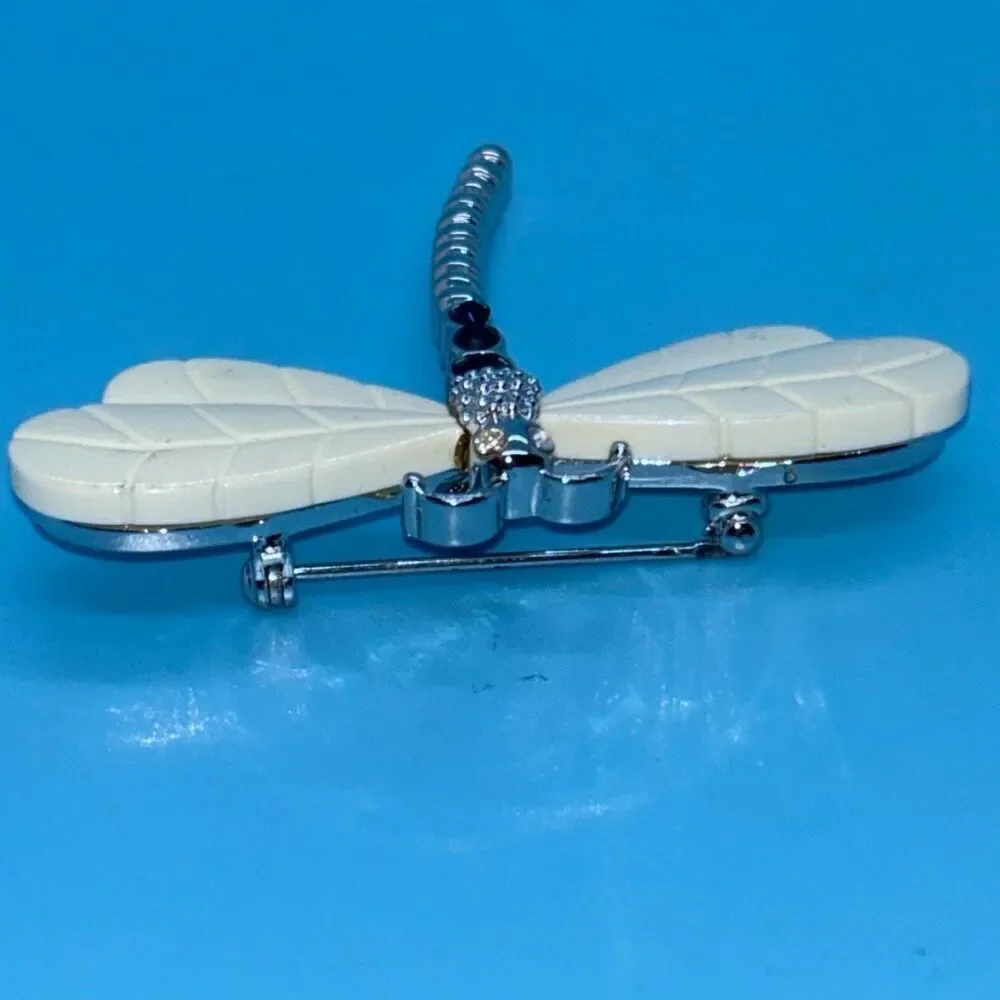 Vtg Joan Rivers Dragonfly pin brooch silver white opal wings crystal body +box